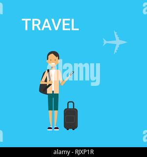 Mann Reisender mit Tasche Holding Smart Phone Gadget jungen kaukasischen Kerl Reisen auf den blauen Hintergrund Mit dem Flugzeug Stock Vektor