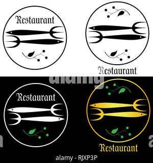 Zwei stilisierte Gabel in der Form eines Fisches mit einem Zweig grün minimalistisch-Logo Stock Vektor