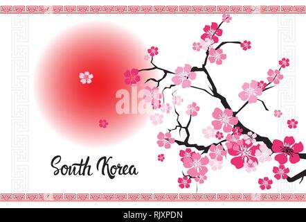 Südkorea Schriftzug mit schönen Blüte von Sakura Zweig auf weißem Hintergrund Stock Vektor
