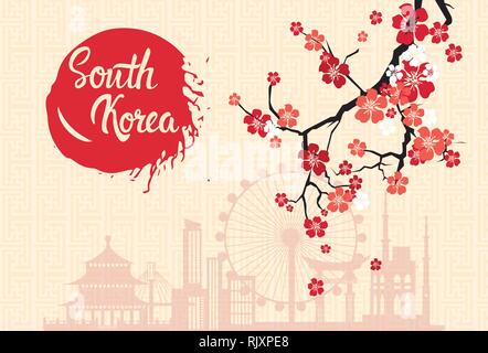 Südkorea Sehenswürdigkeiten Silhouette dekoriert mit Sakura Blossom Retro Seoul Poster Stock Vektor