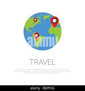 Reisen Weltkarte Zeiger auf der Erde Globus über Vorlage weißer Hintergrund Stock Vektor
