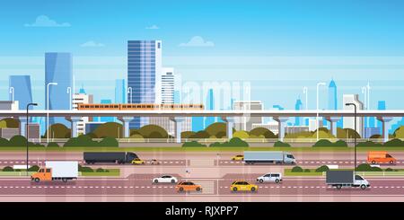 Stadtbild Hintergrund moderne Stadt Panorama mit Autobahn Straße und U-Bahn über Wolkenkratzer Stock Vektor