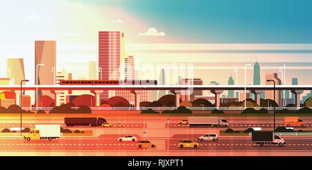 Moderne Stadt über Sonnenuntergang Hintergrund Stadtbild mit Autobahn Straße und U-Bahn über Hochhaus Gebäude Stock Vektor