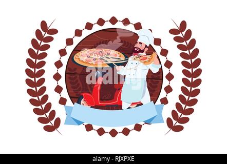 Schnelle Pizza Lieferservice Emblem mit Küchenchef und Retro Scooter Stock Vektor