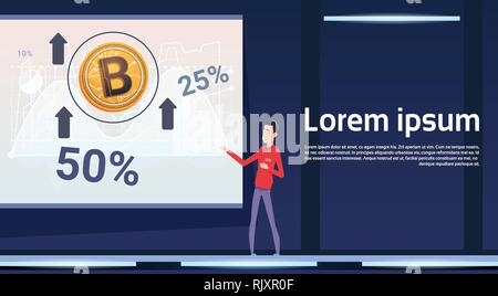 Asiatischer Mann Holding Bitcoin Bergbau und Handel Bericht Präsentation Crypto Währung Konzept Banner mit Vorlage Elemente Stock Vektor