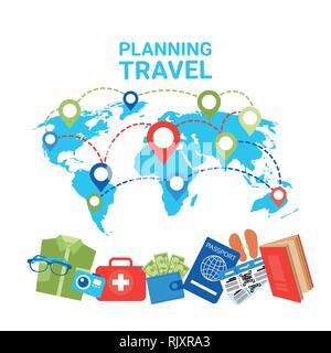 Planung Travel Concept Zeiger auf Weltkarte Gepäckstücke Symbole Stock Vektor