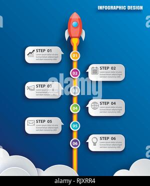 Startup Unternehmen Infografiken mit 6 Daten vorlagen. Vector Illustration abstrakt Rakete Papier Kunst auf blauem Hintergrund. Stock Vektor