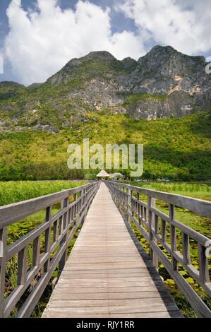 Holz- Wanderweg durch Feuchtgebiete und Sümpfe mit Seerosen und Schilf am Fuße des Berges in Khao Sam Roi Yot Nationalpark in Thailand Stockfoto