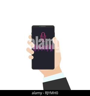 Voice Assistant flachbild Vector Illustration. Die menschliche Hand schwarz Telefon mit Sound wave und Mikrofon unterzeichnen. Telefon mit Spracherkennung und Communi Stock Vektor