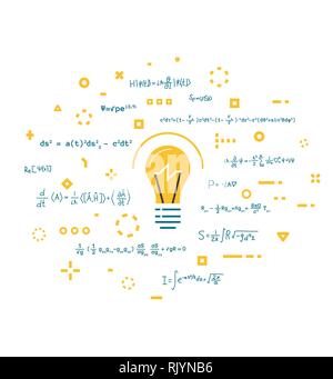 Phantasie und Innovation, Kreativität und Denken. Big science Idee Konzept. Glühbirne und abstrakte Gedanken in geometrische Farbflächen. Glühlampe Stock Vektor