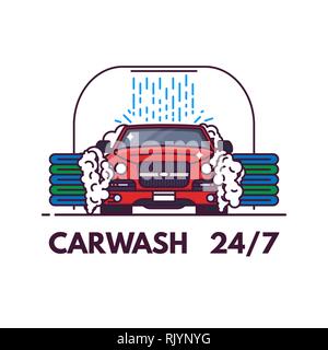 Carwash Linienstil Banner. Vorderansicht des Luxus Auto auf Carwash. Clean Service Banner. Auto auf Auto waschen Reinigung. Linienstil Vector Illustration. Stock Vektor