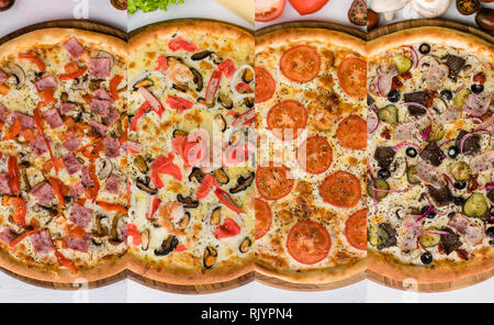 Photo Collage mit vier verschiedene Arten von Pizza. Stockfoto