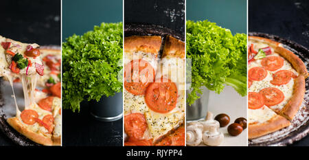 Photo Collage mit vier verschiedene Arten von Pizza und grüner Salat. Stockfoto