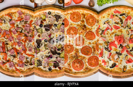 Photo Collage mit vier verschiedene Arten von Pizza. Stockfoto