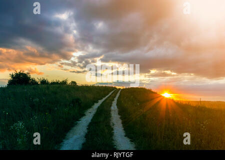 Schöne Landschaft bei Sonnenuntergang oder Sunrise, engen Boden Road Strecken durch grüne Wiese Blumenwiese zum fernen Horizont leuchtet durch die hellen Strahlen der Stockfoto