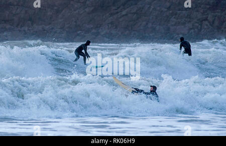 Swansea, Großbritannien. 08 Feb, 2019. UK Wetter: Surfer an Langland Bay in der Nähe von Swansea heute Nachmittag als Sturm Erik fährt fort, die Großbritannien zu zerschlagen. Credit: Phil Rees/Alamy leben Nachrichten Stockfoto