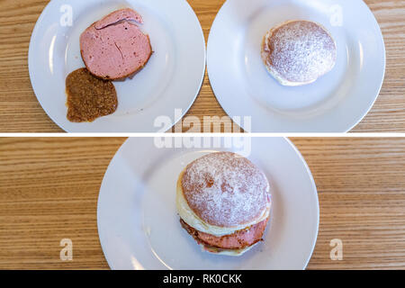 Miesbach, Deutschland. 07 Feb, 2019. Ein Donut mit Leberkäse und süßen Senf gekrönt. Nach dem Leberkäs-Krapfen aus Oberbayern, die Goaßmaß-Krapfen kommt jetzt aus Niederbayern. Eine Goass Maßnahme ist ein gemischtes Getränk Bier, Cola und kirschlikör. (Dpa vom 09.02.2019) Credit: Lino Mirgeler/dpa/Alamy leben Nachrichten Stockfoto