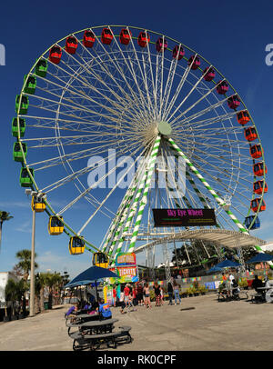 Tampa Bay, Florida, USA. 7. Feb 2019. Die Menschen warten in der Linie zu fahren, die 155 Meter hohe Himmel Auge Rad, Nordamerikas größter Reisen Riesenrad am Eröffnungstag der Florida State Fair am 7. Februar 2019 in Tampa, Florida. (Paul Hennessy/Alamy) Credit: Paul Hennessy/Alamy leben Nachrichten Stockfoto