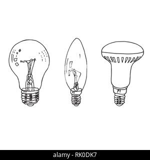 Hand gezeichnet Glühlampen und LED-Lampen. Vector Illustration Stock Vektor