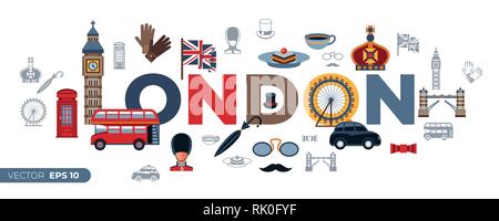 Digitale vektor London einfache Symbole, flacher Stil Infografiken Stock Vektor