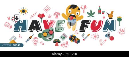 Digitale vektor Spaß Freaks und Drogen einfache Symbole, flacher Stil Infografiken Stock Vektor