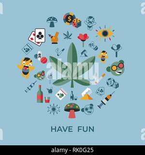 Digitale vektor Spaß Freaks und Drogen einfache Symbole, flacher Stil Infografiken Stock Vektor