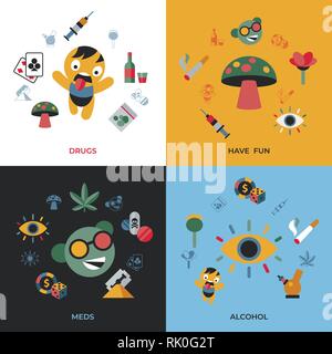 Digitale vektor Spaß Freaks und Drogen einfache Symbole, flacher Stil Infografiken Stock Vektor