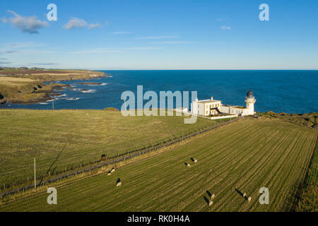 Ein Luftbild von Tod Kopf Leuchtturm in der Nähe von Catterline an einem sonnigen Tag, Aberdeenshire, Schottland Stockfoto