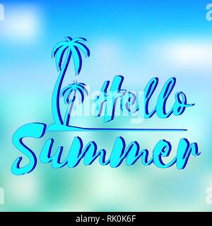 Hallo Sommer Typografie mit Palmen auf der Insel und verschwommenes Meer farbiger Hintergrund für Poster oder Flyer Design Stock Vektor