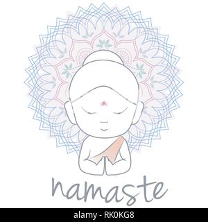 Netter Buddha sendet Grüße das Wort 'Namaste' ist ein respektvoller Gruß, der auch 'Namaskar' genannt wird. Stock Vektor