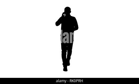Silhouette junge Mann auf Handy. Stockfoto