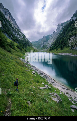 Berglandschaft in den Schweizer Alpen mit gezackten Gipfeln und einem unberührten Blue Mountain Lake im Tal weit unten. Stockfoto