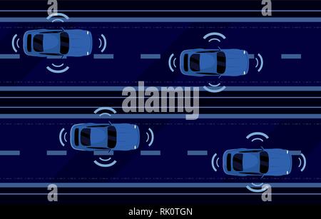Autonome intelligente Autos Sensoren in der Straße Vector Illustration Stock Vektor