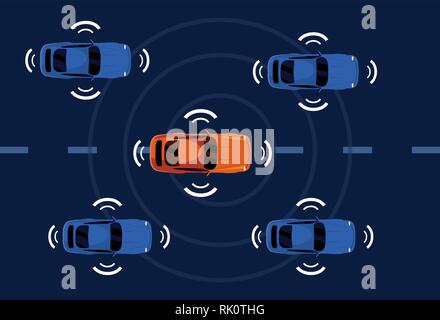 Autonome intelligente Autos Sensoren in der Straße Vector Illustration Stock Vektor