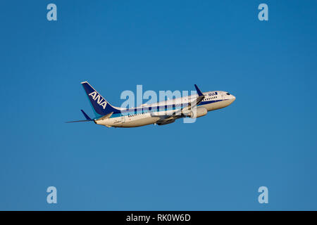 Tokio, Japan - Feb 2, 2019: ANA Boeing 737-800, die vom Haneda International Airport in Tokio, Japan. Stockfoto