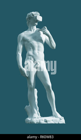 Skulptur David mit VR-Brille auf blauem Hintergrund. 3D-Darstellung. Stockfoto