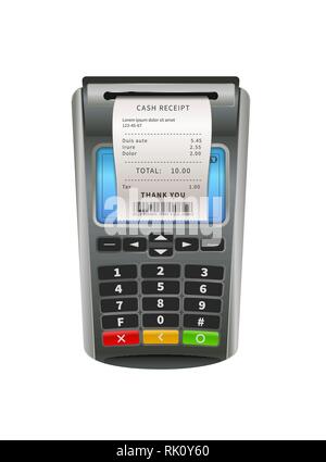 Realistische NFC-POS-Terminal zur Zahlung per Lastschrift oder Kreditkarte mit einem Umsatz Bill isoliert auf weißem Stock Vektor