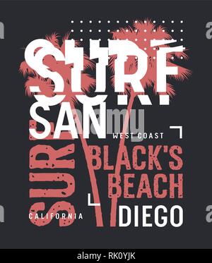 Surfen Artwork. Surf Kalifornien t-shirt Design. Vintage Graphic Tee. Vektoren Stock Vektor