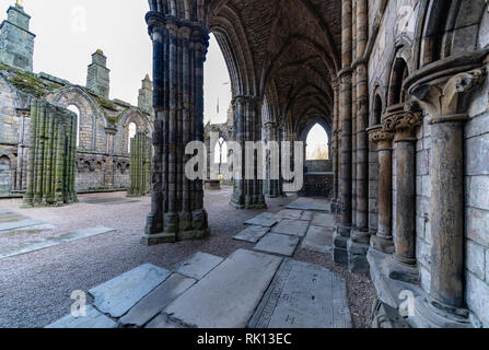 Detail der zerstörten Holyrood Abbey im Palast von Holyroodhouse in Edinburgh, Schottland, Großbritannien Stockfoto