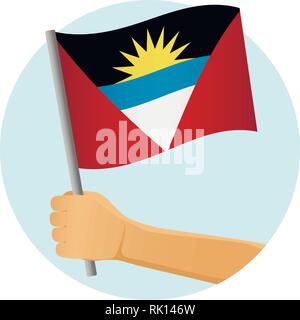 Antigua und Barbuda Flagge in der Hand. Patriotischen Hintergrund. Die Flagge von Antigua und Barbuda Vector Illustration Stock Vektor