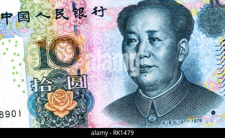 Chinesische Währung zehn Yuan Banknote mit Portrait von Mao Zedong, Detail. Yuan ist die nationale Währung der Volksrepublik China Stockfoto