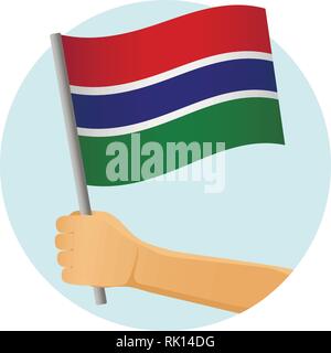 Gambia Fahne in der Hand. Patriotischen Hintergrund. Nationalflagge von Gambia Vector Illustration Stock Vektor