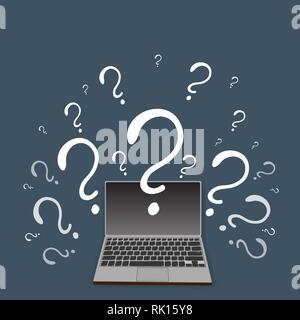 Frage Zeichen mit Laptop, Notebook, PC, online Bildung, ux Und ui-Cartoon Illustration Stock Vektor