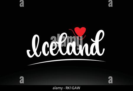 Island Land Text mit rot Liebe Herz auf schwarzem Hintergrund geeignet für ein Logo, Symbol oder Typografie design Stock Vektor