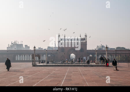 Der Innenhof der Jama Masjid Moschee in der Altstadt von Dehli. Die Moschee wurde im Jahre 1656 fertiggestellt und ist das wichtigste von allen Moscheen aus der Mughal Reiches. Stockfoto