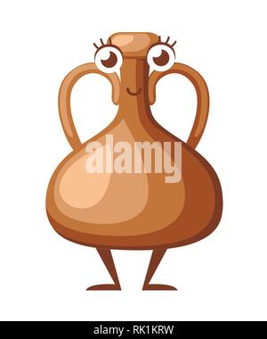 Cartoon Character Design. Ton Kanne Wein. Keramik Geschirr mit zwei Griffen. Vase Maskottchen. Flache Vector Illustration auf weißem Hintergrund. Stock Vektor