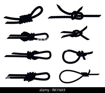 Schwarze Silhouette. Eingestellt von nautischen Seil Knoten. Starke marine Seil Knoten. Flache Vector Illustration auf weißem Hintergrund. Stock Vektor