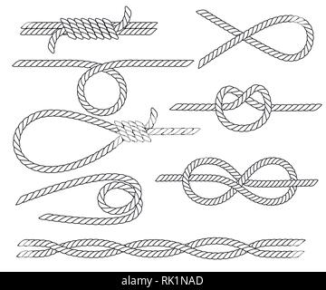 Eingestellt von nautischen Seil Knoten. Line Design. Starke marine Seil Knoten. Flache Vector Illustration auf weißem Hintergrund. Stock Vektor