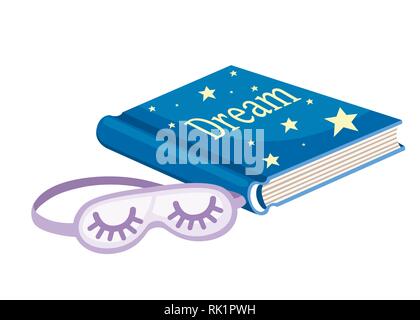 Blue Dream Buch und lila Schlafmaske. . Flache Vector Illustration auf weißem Hintergrund. Träumen Konzept. Stock Vektor