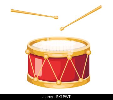 Red drum und Holzstäbchen drum. Musical Instrument, drum machine. Flache Vector Illustration auf weißem Hintergrund. Stock Vektor